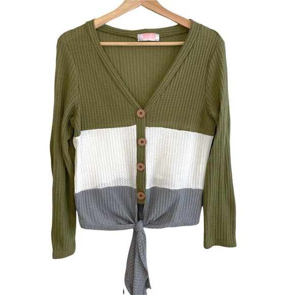 Waffle Knit Front Tie Colour Block Button Down - Picture 2 of 8